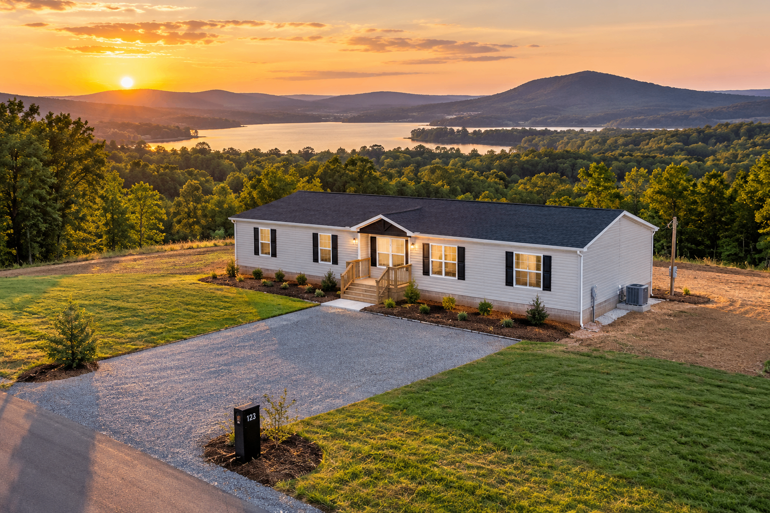 Manufactured home on its land at sunset, overlooking a lake and mountains